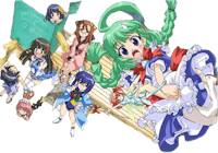 a group of anime girls standing on a wooden board